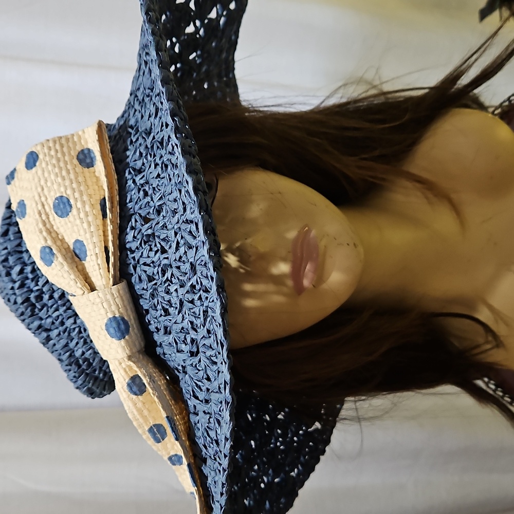 Blue Straw Hat withโ Polka Dot Bow Derby Church Tea